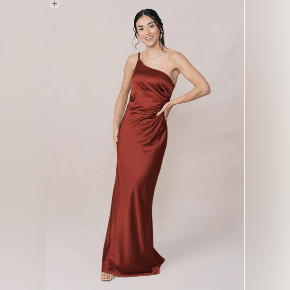 Revelry One-Shoulder Satin Gown in Rust